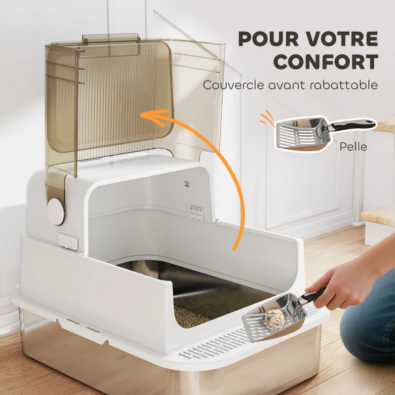 PawHut Bac à litière pour chat fermé en acier inoxydable, maison de toilette pour chat avec pelle, 70 x 50 x 46,5 cm, blanc