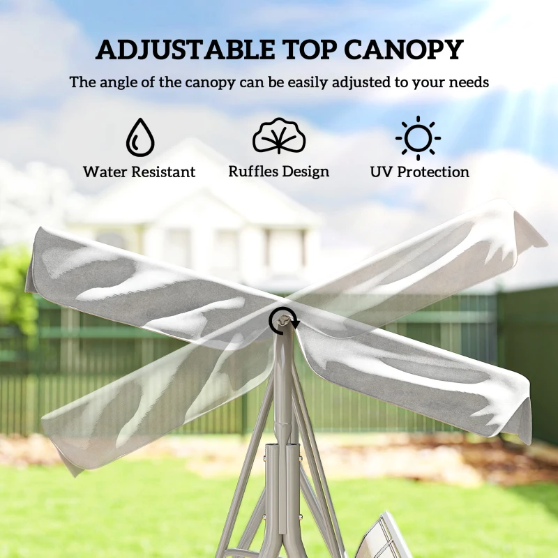 Outsunny Metal Garden Swing Chair, 3-Seater Swing Seat, Patio Hammock Bench Canopy Lounger, Light Grey