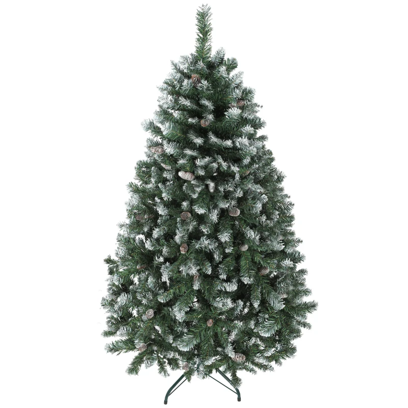 HOMCOM Sapin de Noël Artificiel 150 cm avec 581 Branches avec Neige 44 Pommes de Pin et Support Métallique Pliable Facile Montage Vert