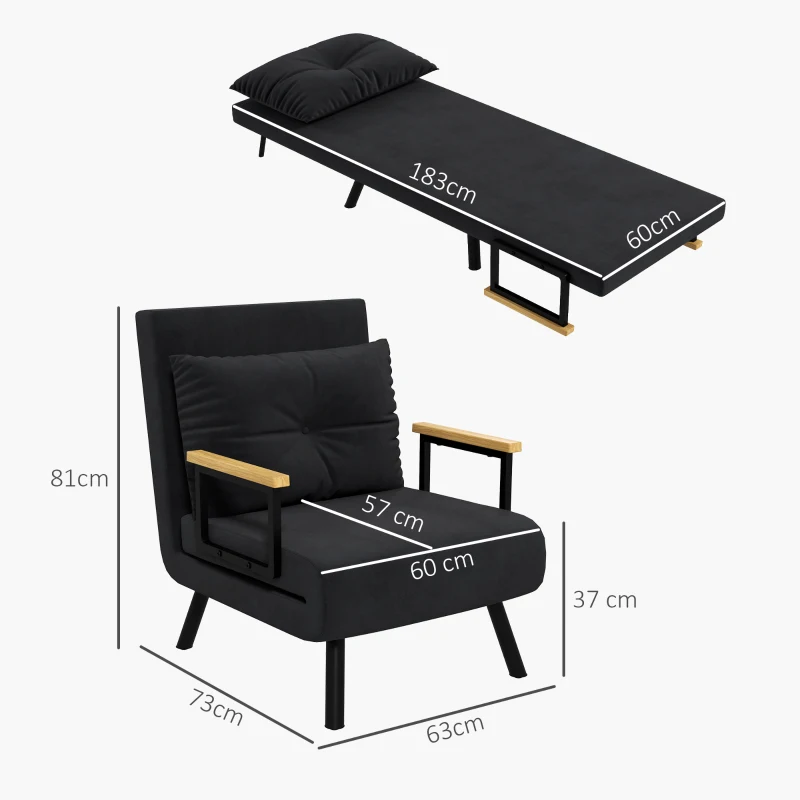 HOMCOM Canapea Extensibilă cu Spătar Reglabil pe 5 Nivele, Canapea Pat Individuală Pliabilă cu Perne, 63x73x81 cm, Negru(m-3)