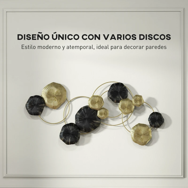 HOMCOM Decoración de Pared de Metal con Forma de Hoja de Loto Escultura de Pared para Decoración Hogar 84x35 cm Dorado y Negro