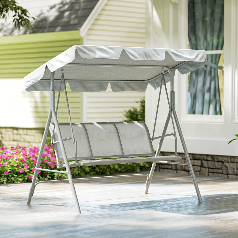 Outsunny Metal Garden Swing Chair, 3-Seater Swing Seat, Patio Hammock Bench Canopy Lounger, Light Grey