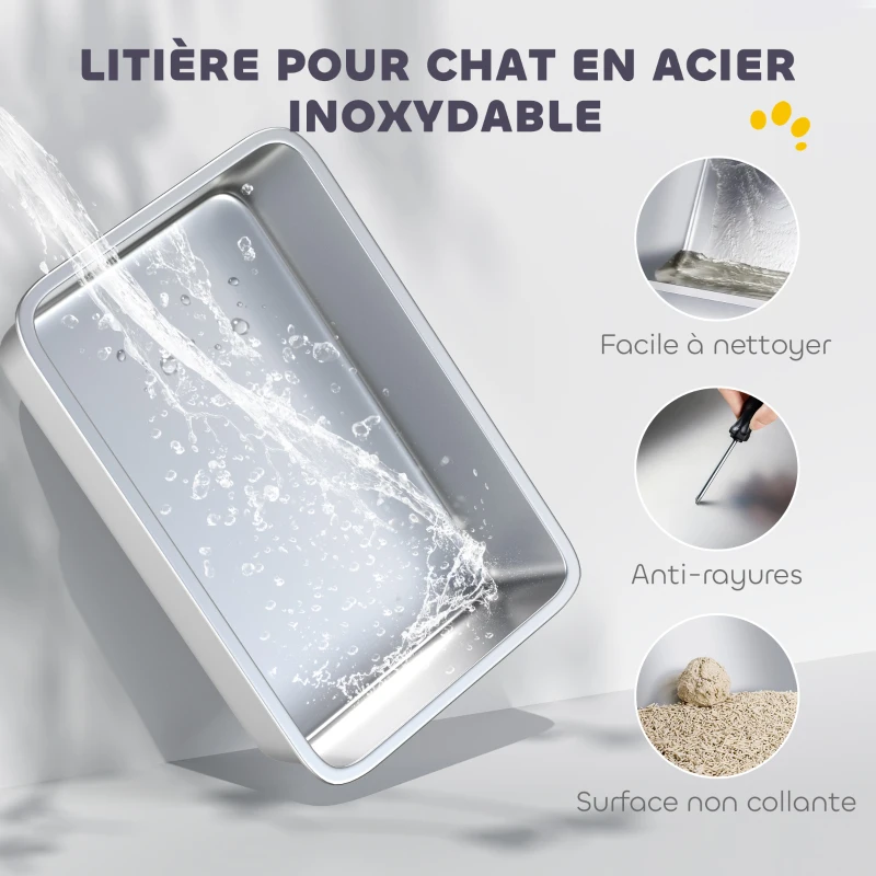 PawHut Bac à litière pour chat fermé, maison de toilette pour chat en acier inoxydable, 60,2 x 40,2 x 43,7 cm, gris clair