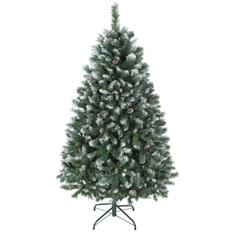 HOMCOM Albero di Natale Artificiale 150 cm con 581 Rami con Neve 44 Pigne e Supporto Metallico Pieghevole Facile Montaggio Verde