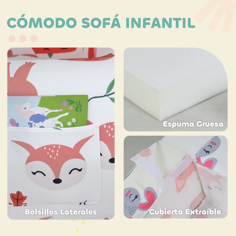 AIYAPLAY Sillón Infantil con Estampado de Zorros Sofá para Niños de 18-36 Meses con Funda Extraíble y Bolsillo 54x40x43 cm Blanco