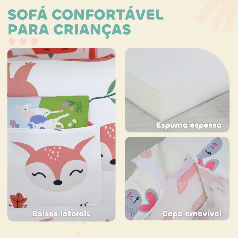 AIYAPLAY Sofá para Crianças com Estampa de Raposas com Capa Removível e Lavável Bolso Lateral Apoio de Braços 54x40x43 cm Branco