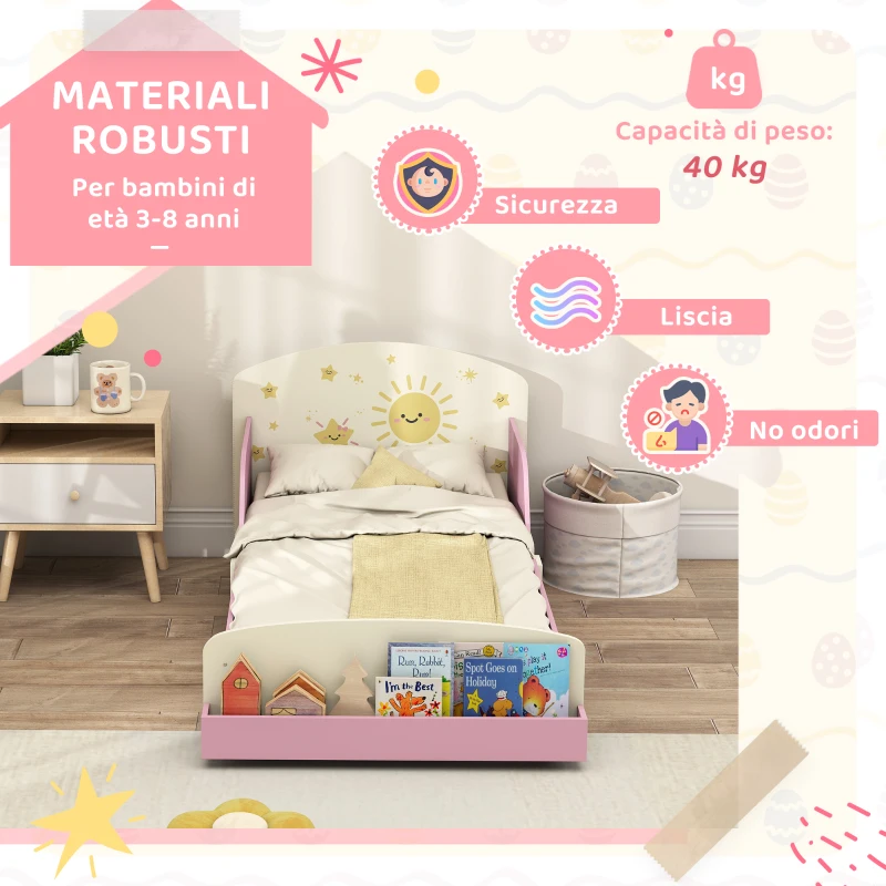 AIYAPLAY Letto per Bambini 3-8 Anni Basso in Legno con Spazio Contenitore e Sponde Laterali, 150x77x60 cm, Rosa