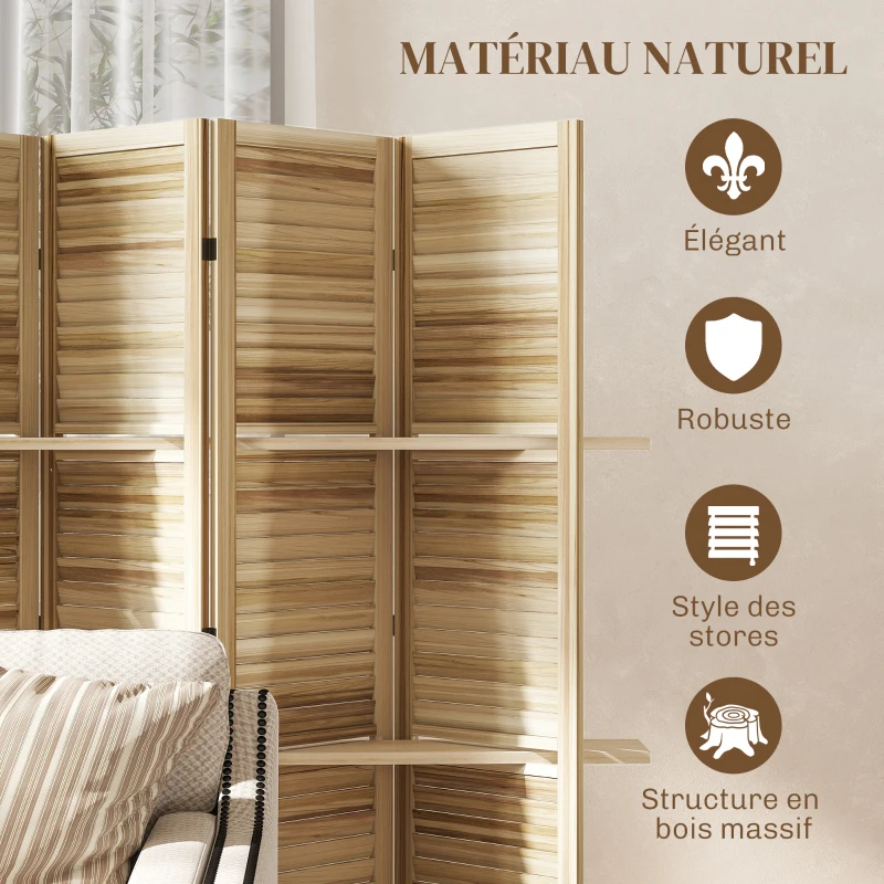 HOMCOM Paravent intérieur en bois 4 panneaux 160 x 170 cm, séparateur de pièce pliable avec 3 étagères, bois naturel