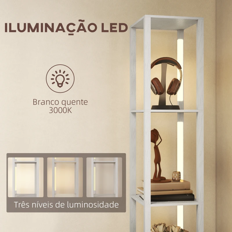 HOMCOM Candeeiro de Pé Moderno com Prateleiras Abertas Gaveta de Tecido e Interruptor de Pé 43,5x26,5x169 cm Branco