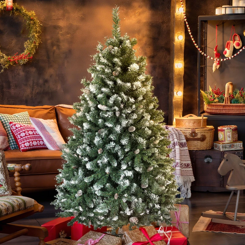 HOMCOM Künstlicher Weihnachtsbaum 150 cm mit 581 Zweigen mit Schnee, 44 Zapfen und Klappbarem Metallständer Einfacher Aufbau Grün