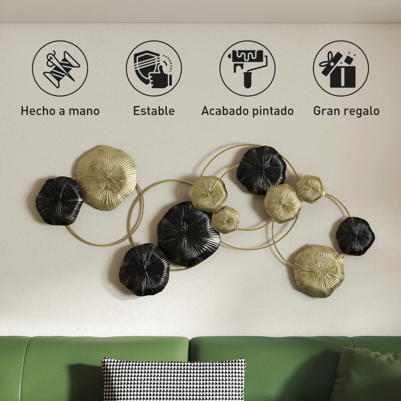 HOMCOM Decoración de Pared de Metal con Forma de Hoja de Loto Escultura de Pared para Decoración Hogar 84x35 cm Dorado y Negro