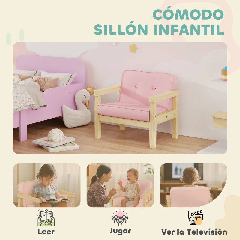 AIYAPLAY Sillón Infantil con Tejido Suave de Pana y Estructura de Madera Asiento y Respaldo Acolchado 46,5x44x45 cm Rosa