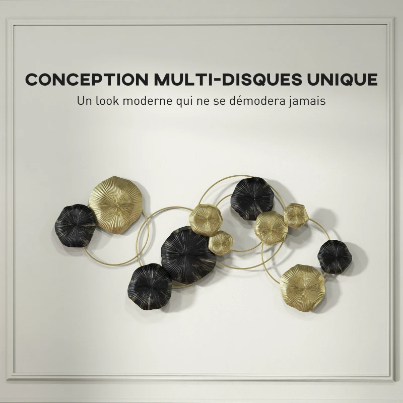 HOMCOM Décoration murale en métal en forme de feuille de lotus, design unique à plusieurs disques, 84 x 35 cm, doré et noir