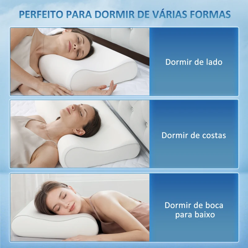HOMCOM Almofada de Espuma Viscoelástica com Desenho Ergonómico Dupla Altura Capa Removível e Lavável 68,58x35,56x8,9/10,8 cm Creme