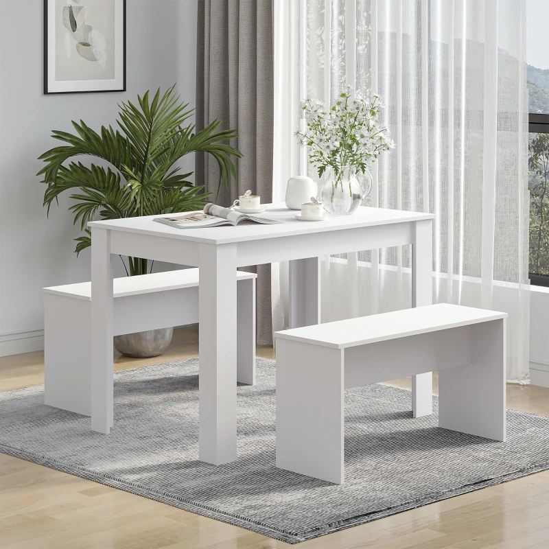 HOMCOM Kitchen Dining Table and 2 Benches Set, Table and Chairs Set for Limited Space, White
