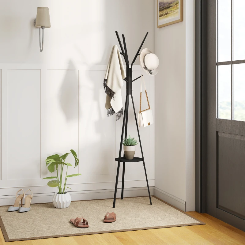 HOMCOM Porte-manteau trépied design contemporain branches étagère + 9 patères dim. 45L x 45l x 180H cm métal noir