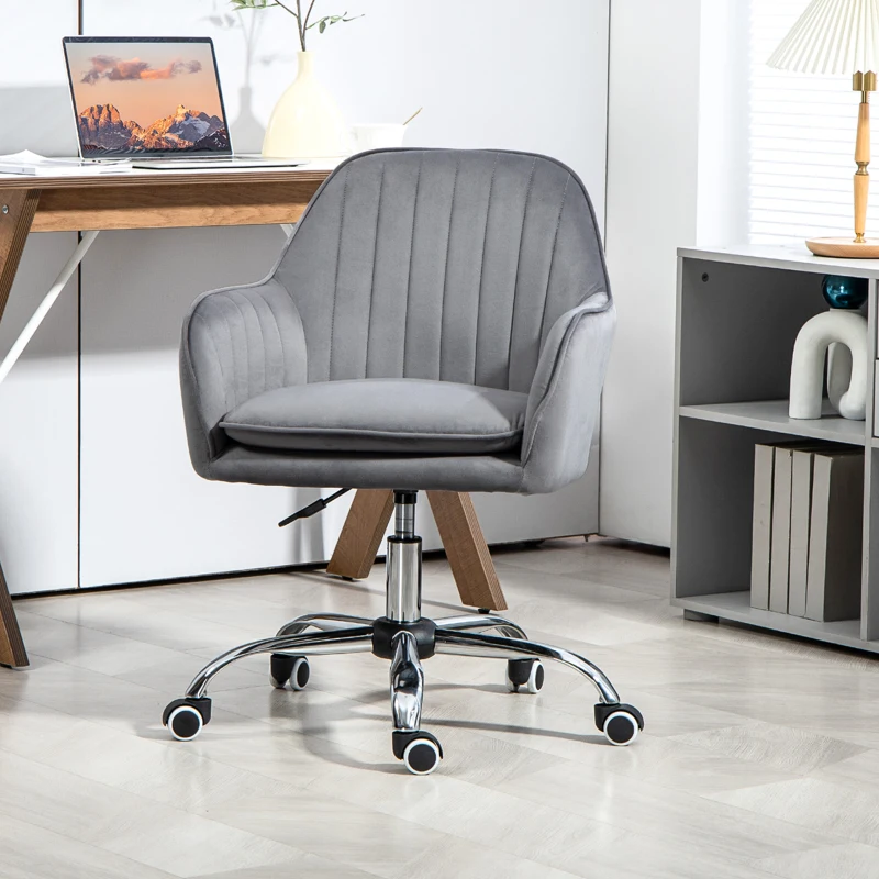 HOMCOM Office Chair, Swivel Desk Chair, Velvet-Feel Fabric Vanity Chair with Adjustable Height and Rolling Wheels for Home Work Study, Grey