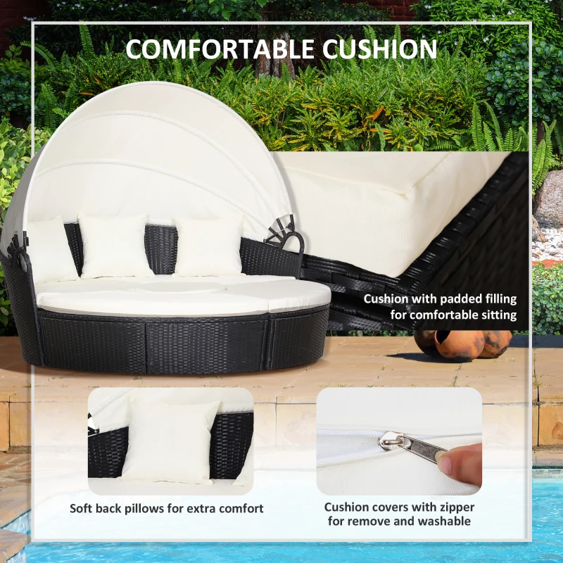 Outsunny Five-Piece Rattan Garden Bed, with Canopy - Black/White