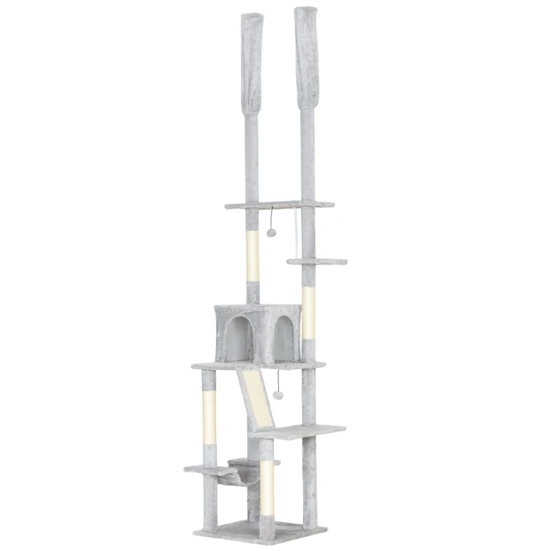 PawHut Árbol Rascador de Techo con Altura Ajustable 225-255 cm con Casita y Hamaca, Gris Claro