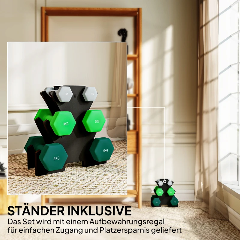 SPORTNOW Hantelset mit Aufbewahrungsgestell, Set mit 6 Hanteln für Fitness-Training, 2 x 1kg, 2 x 3kg, 2 x 5kg(m-5)