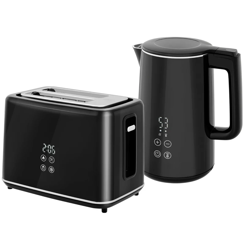 HOMCOM Küchenset mit Wasserkocher und Toaster, 7 Bräunungsstufen, schnelles Kochen, Edelstahl, Kunststoff, Schwarz