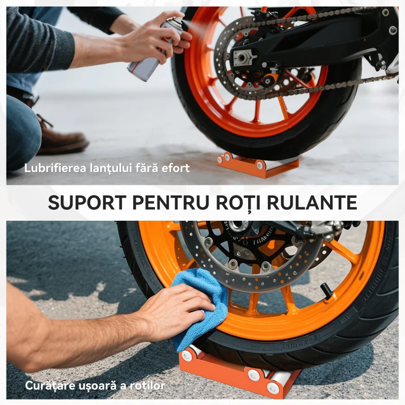 HOMCOM Stand roți pentru curățarea pneurilor de motocicletă și lubrifierea lanțului, motociclete < 220kg, portocaliu