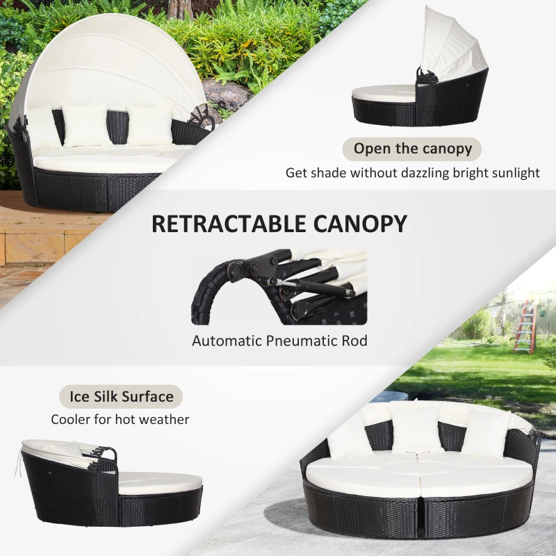 Outsunny Five-Piece Rattan Garden Bed, with Canopy - Black/White
