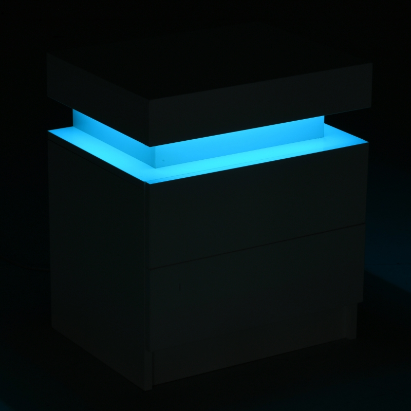 HOMCOM Table de chevet table de nuit lumière LED RVB panneau haute brillance avec 2 tiroirs pour salon chambre à coucher blanc