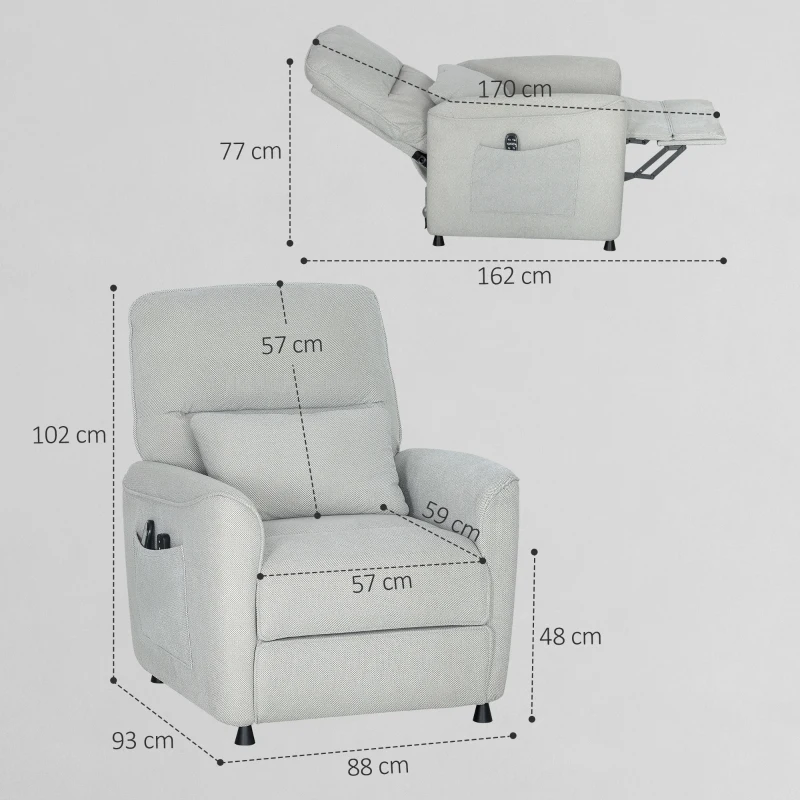 HOMCOM Fauteuil Inclinable avec Chauffage, 8 Points de Massage et 5 Modes, Tissu Chenille, Gris Clair
