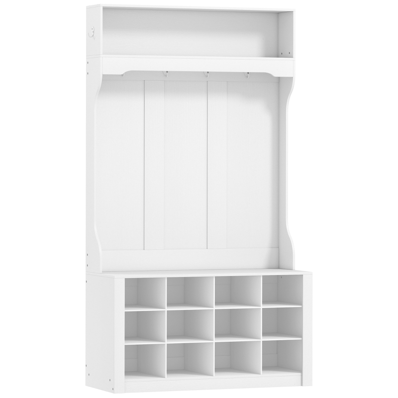 HOMCOM Attaccapanni con Scaffale, Panca, Ganci, Scomparti per le Scarpe, in Truciolato, 100x35x172,2 cm, Bianco