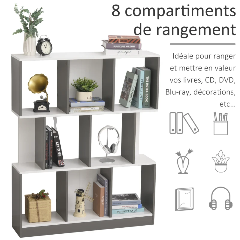 HOMCOM Bibliothèque étagère Meuble de Rangement 3 Niveaux Design Contemporain MDF E1 Bicolore Gris Blanc