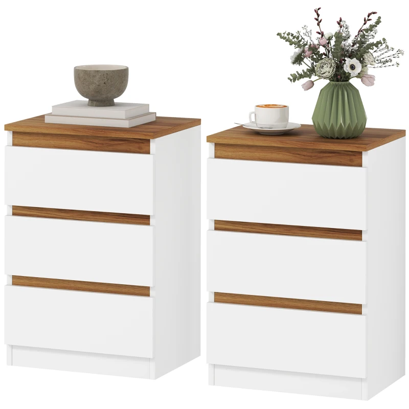HOMCOM Table de chevet, Ensemble de 2 tables de nuit avec 3 tiroirs, Table de nuit, Table de chevet pour chambre à coucher, salon, 40 x 30 x 59,5 cm, Blanc