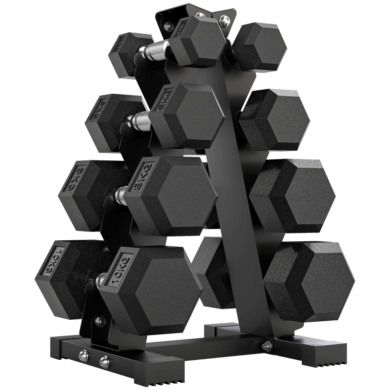 SPORTNOW Set Manubri da Palestra Esagonali con Supporto e Impugnatura Antiscivolo, 2x2kg, 2x5kg, 2x8kg, 2x10kg, Nero