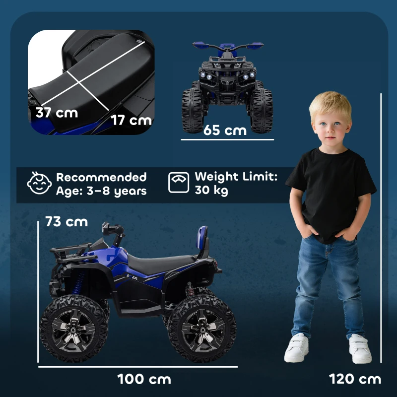 HOMCOM ATV Electric pentru Copii 3-5 Ani, Motocicletă Electrică pentru Copii cu Muzică, 100x65x73 cm, Albastru