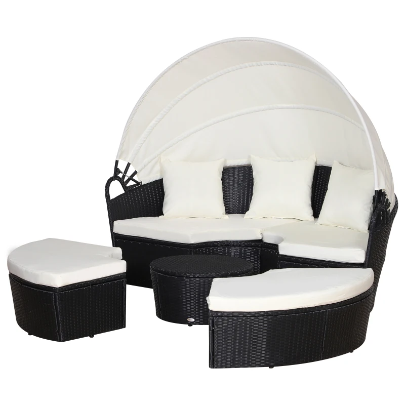 Outsunny Five-Piece Rattan Garden Bed, with Canopy - Black/White