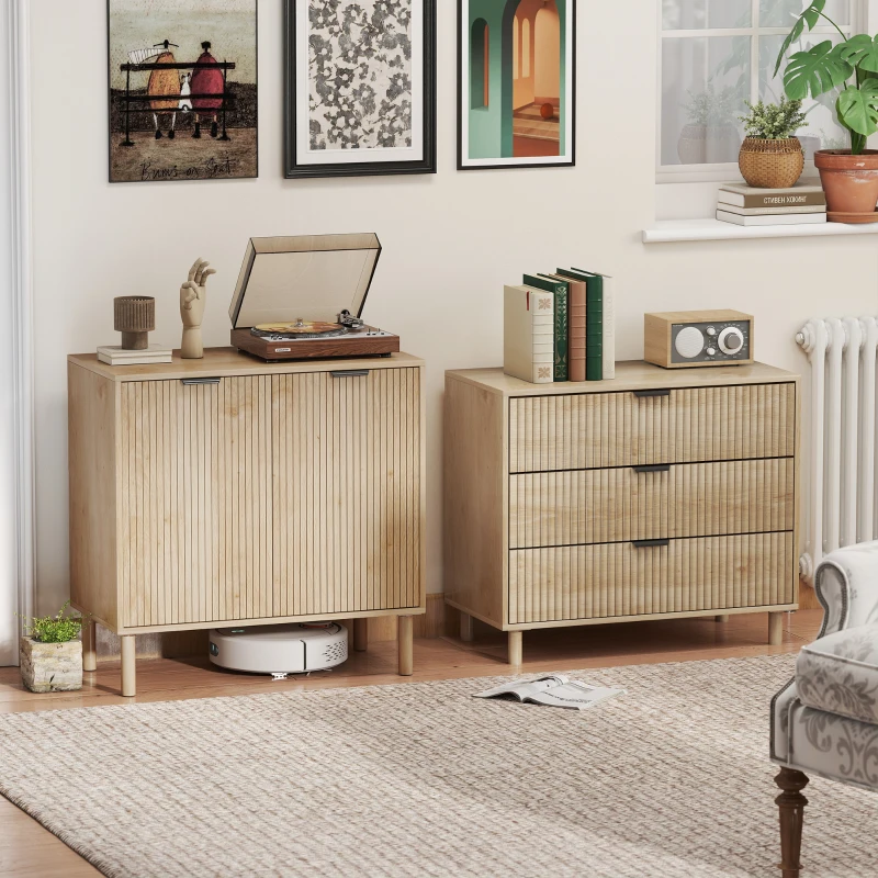 HOMCOM Comodă cu 3 Sertare, Picioare din Lemn Masiv și Design Canelat, 80x40x77,5 cm, Lemn Natural(m-8)