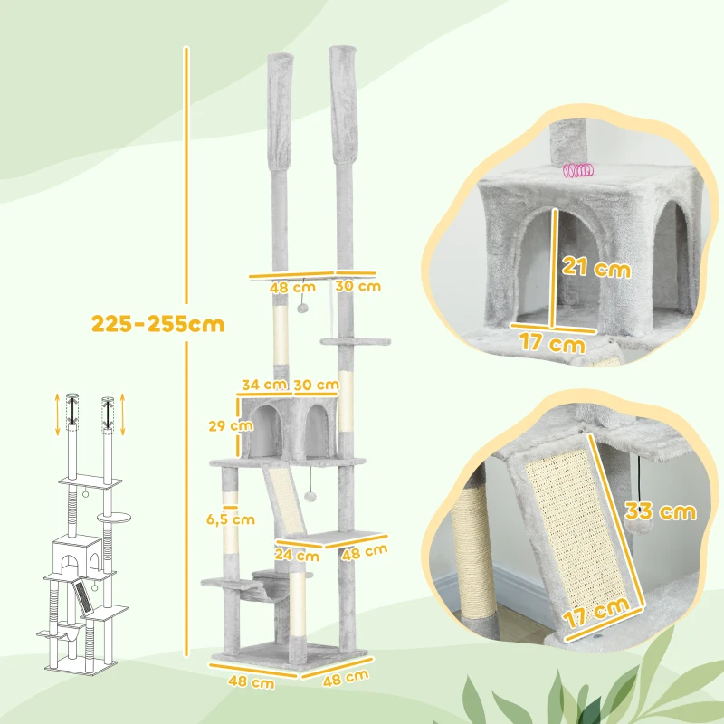 PawHut Árbol Rascador de Techo con Altura Ajustable 225-255 cm con Casita y Hamaca, Gris Claro