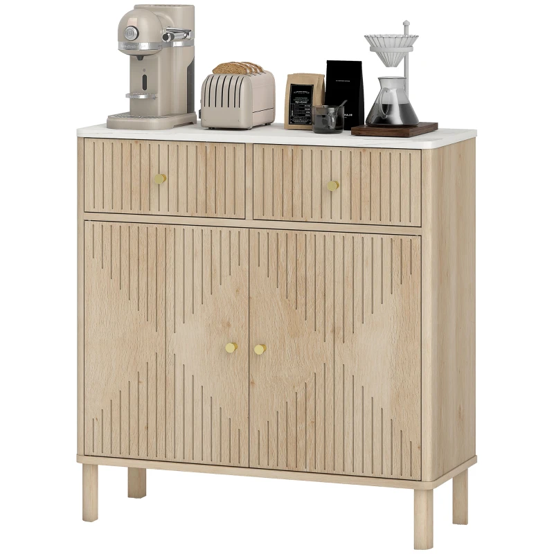 HOMCOM Buffet, meuble de rangement cannelé avec plateau effet marbre, 2 tiroirs, 2 portes, étagère réglable, 77x30x80cm, chêne