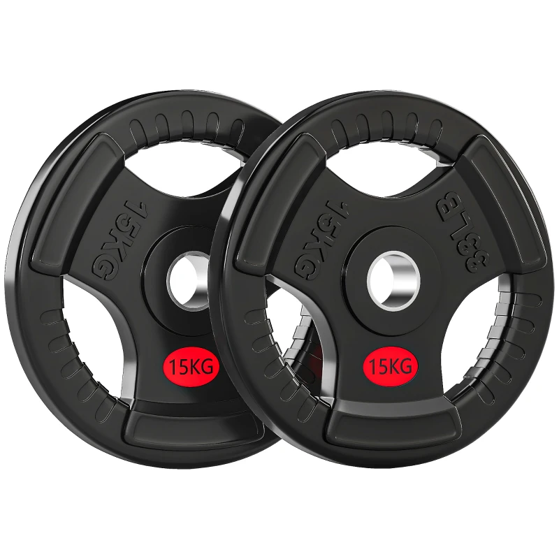 SPORTNOW Disques Pesas Olympiques Trou Ø50 mm 2x15 kg avec Anneau Intérieur en Acier Triple Poignée pour Haltères et Barres Noir