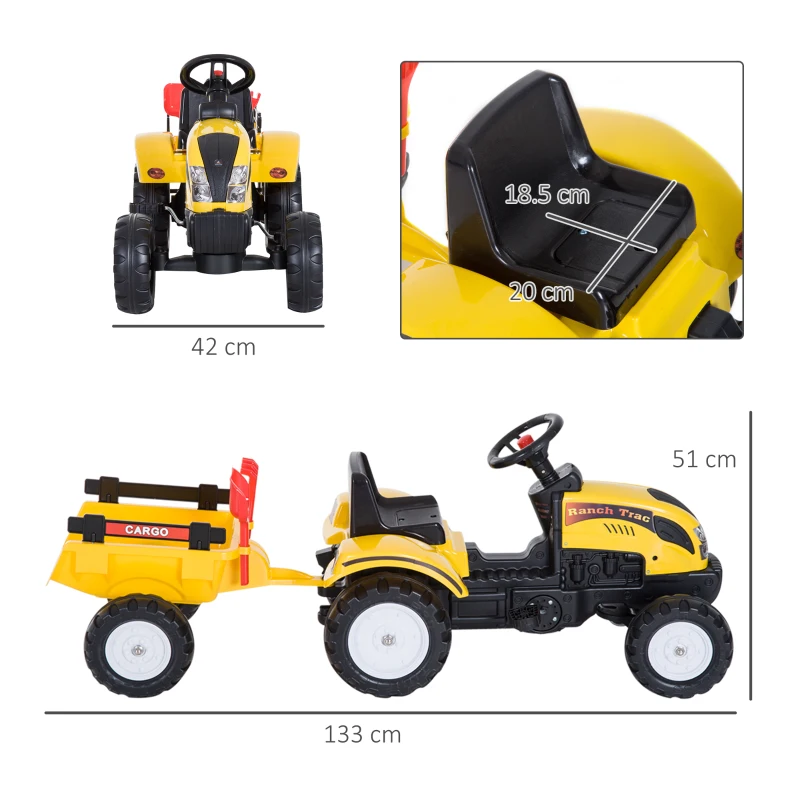 HOMCOM Pedal Go Kart, Kids Ride on Tractor, Child Four Wheels Toy with Shovel and Rake