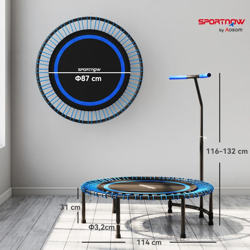 SPORTNOW Trampolín Fitness Ø145 cm con Manillar Ajustable en 5 Posiciones, 36 Cuerdas Bungee y Capacidad 150 kg, Azul