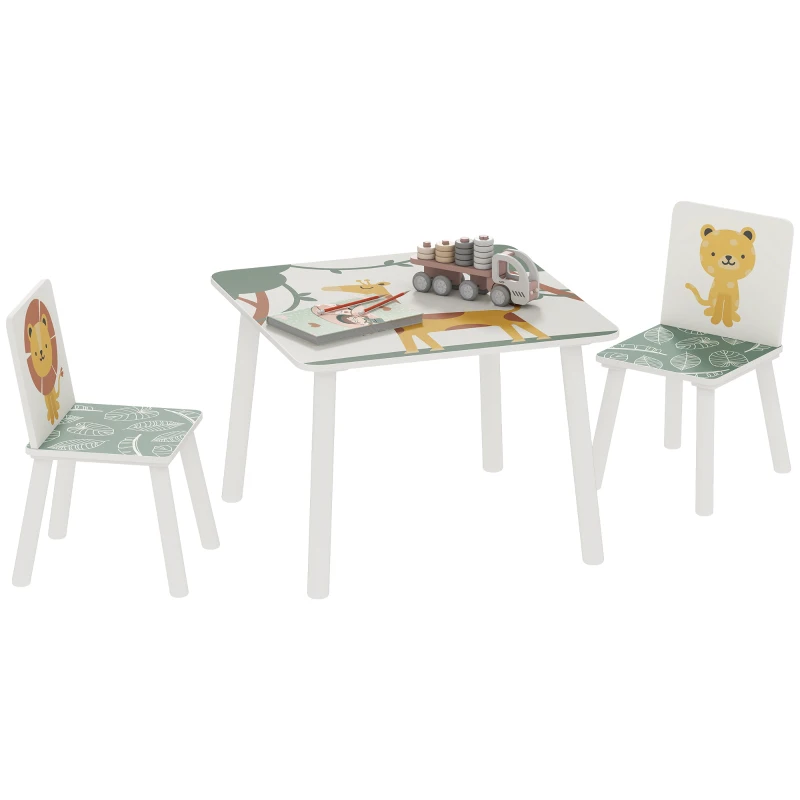AIYAPLAY Kindertisch mit Stuhl, Set Kindertisch und 2 Stühle aus Holz, Tiermotive, 60 x 60 x 44 cm, Grün