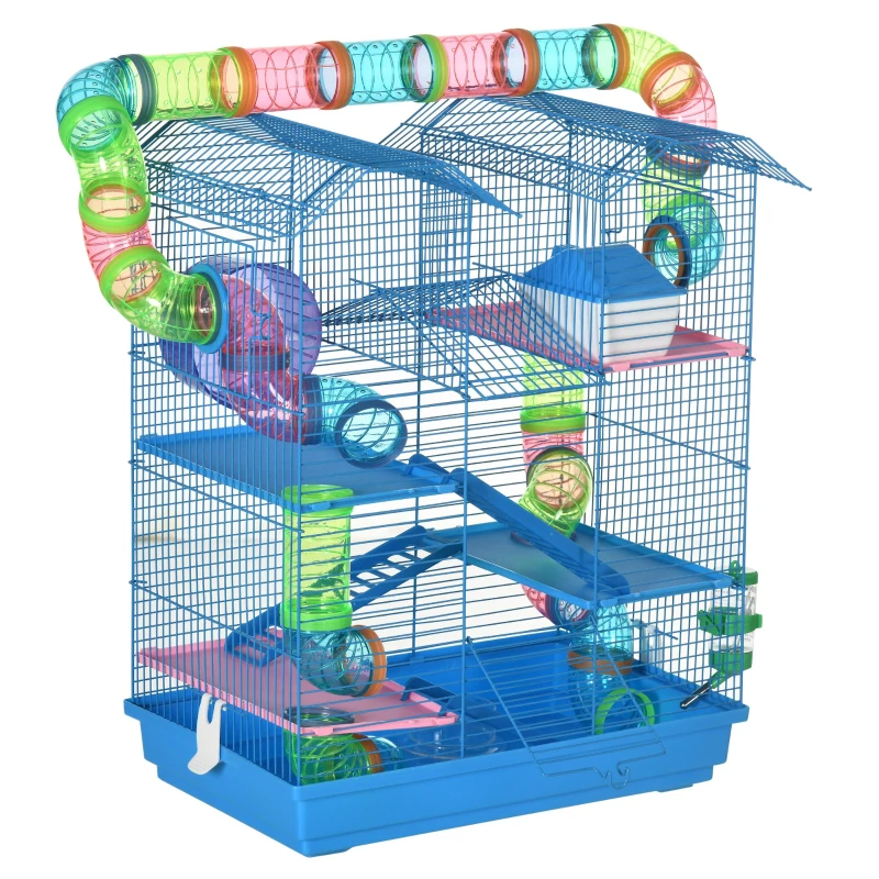 PawHut 5 Tier Hamster Cage, Hamster Habitat for Dwarf Mice, with Tunnel Tube, Exercise Wheel, Water Bottle Dishes, House, Ladder, Blue