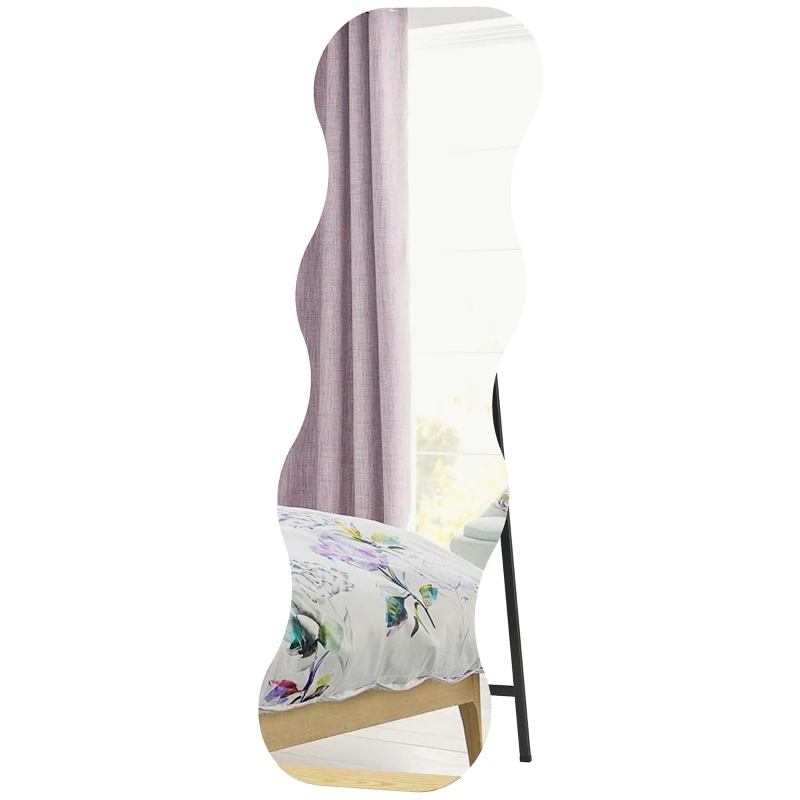 HOMCOM Miroir en pied sans cadre, base en bois, placement flexible, forme en vague, noir
