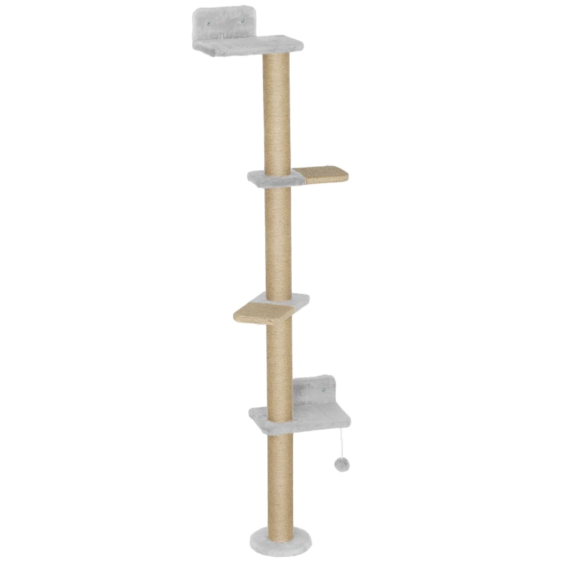 PawHut Arbre à Chat, Design 5 Étages, Jouet, Poteau en Sisal, Tissu Peluche, Gris Clair