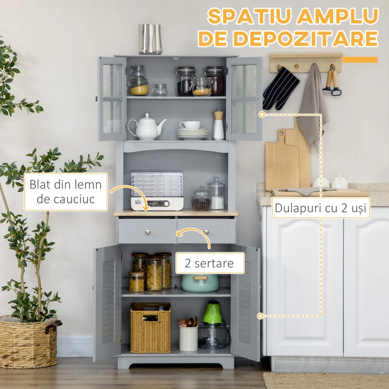 HOMCOM Bufet pentru Bucatarie, Mobilier din MDF, Dulap de Bucatarie in Stil Clasic, Gri, 68x39.5x170 cm(m-4)