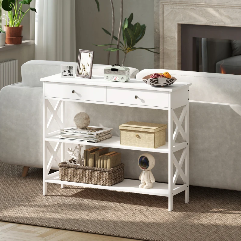 Homcom Masa Consola 100×30,5×80 cm – Alba, cu Sertare & Rafturi(m-7)