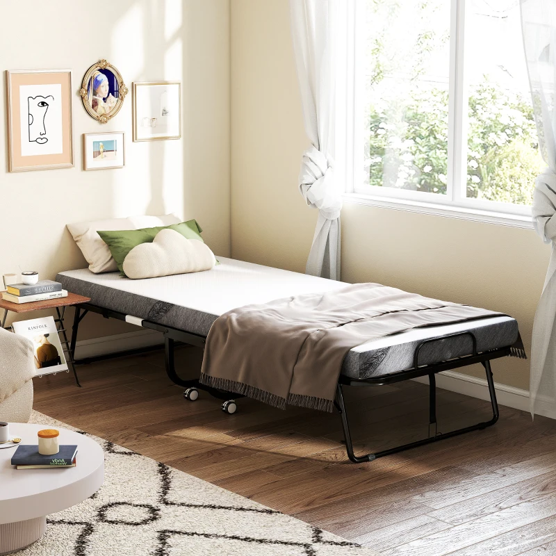 HOMCOM Logeerbed, Klapbed, Reisbed met Wielen, Matras, Staal, Wit+Zwart