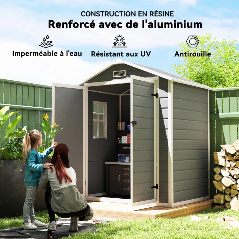 Outsunny Abri de jardin cabanon en résine polypropylène 2,12 m² - 2 portes 1 fenêtre et 1 grille d'aération, toit en pente, gris(m-5)