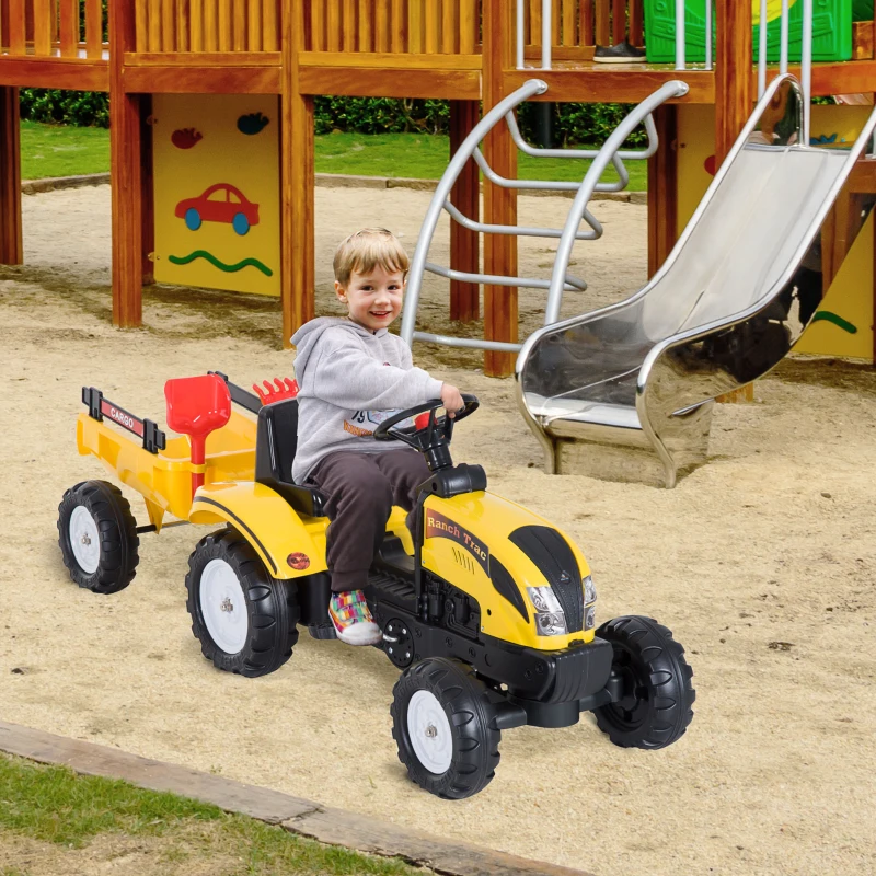 HOMCOM Pedal Go Kart, Kids Ride on Tractor, Child Four Wheels Toy with Shovel and Rake